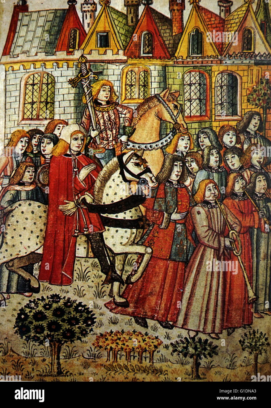 Représentant une miniature nouveau chevalier du bain à cheval dans la cour de la Tour de Londres, de se présenter au roi. En date du 15e siècle Banque D'Images
