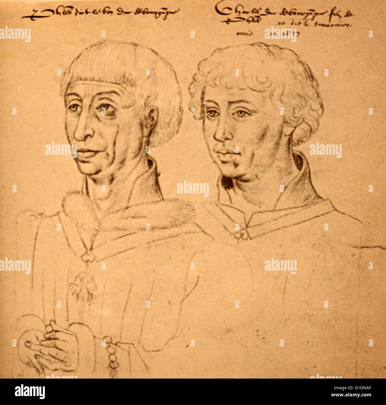 Croquis de Philippe le Bon, duc de Bourgogne (1396-1467) et son fils Charles le Téméraire (1433-1477). En date du 15e siècle Banque D'Images
