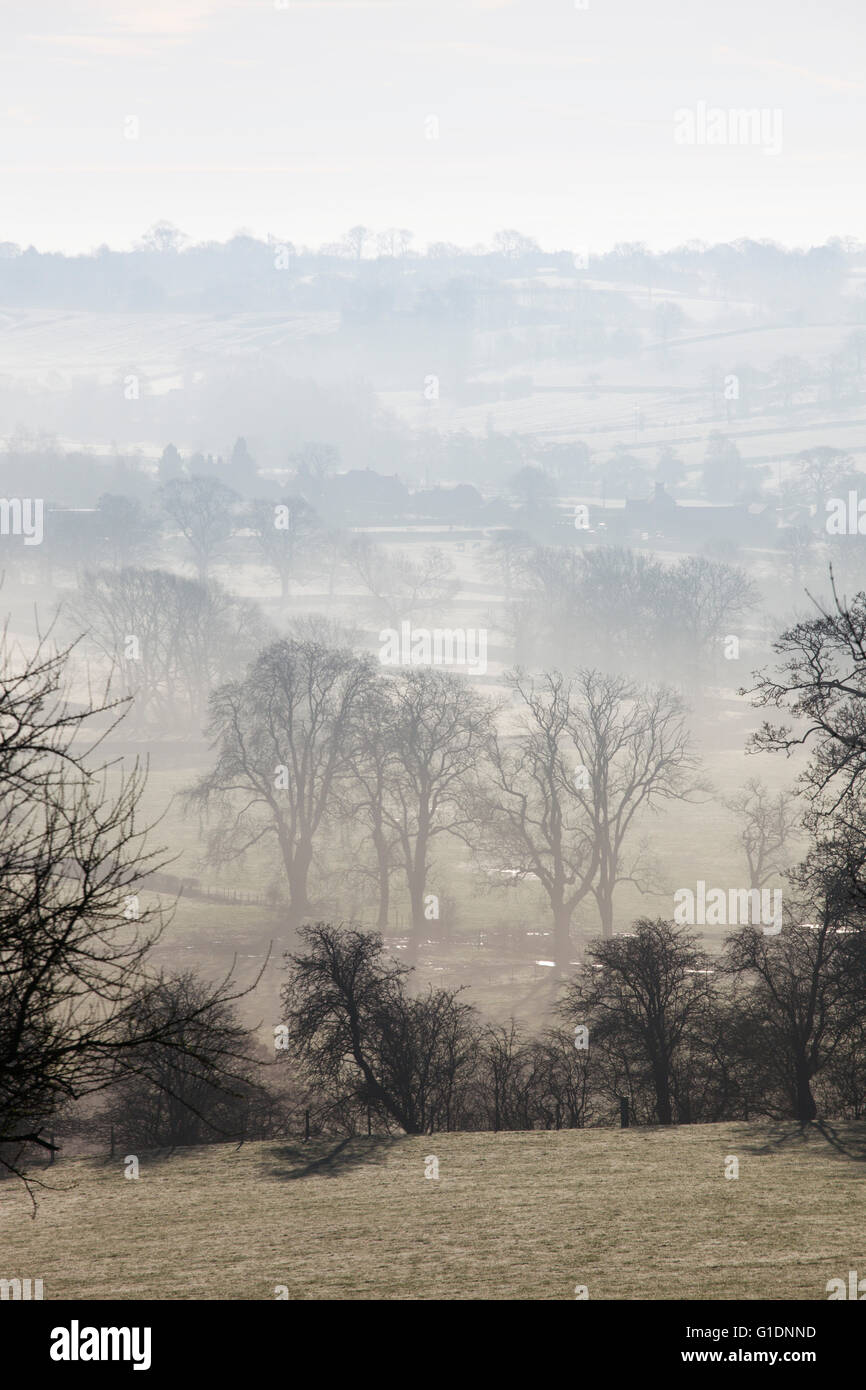 Brume sur les collines de Weaver, tôt le matin, ellastone staffordshire Banque D'Images