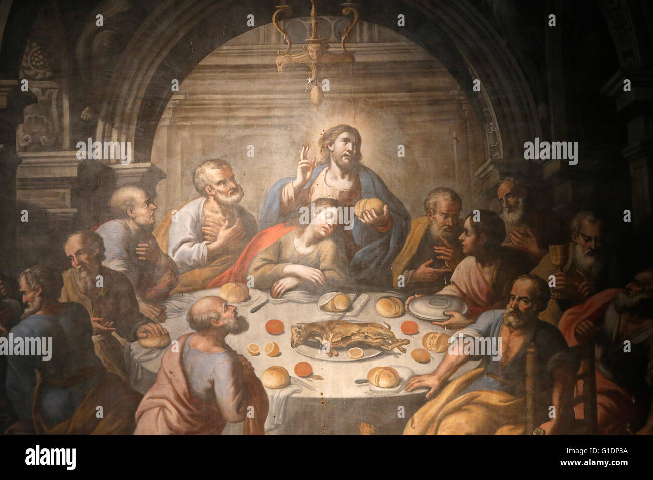 Fresque de la chapelle du Saint Sacrement de la cathédrale Brindidi : la Dernière Cène, 1715 par Diego Oronzo Bianco. Brindisi. L'Italie. Banque D'Images