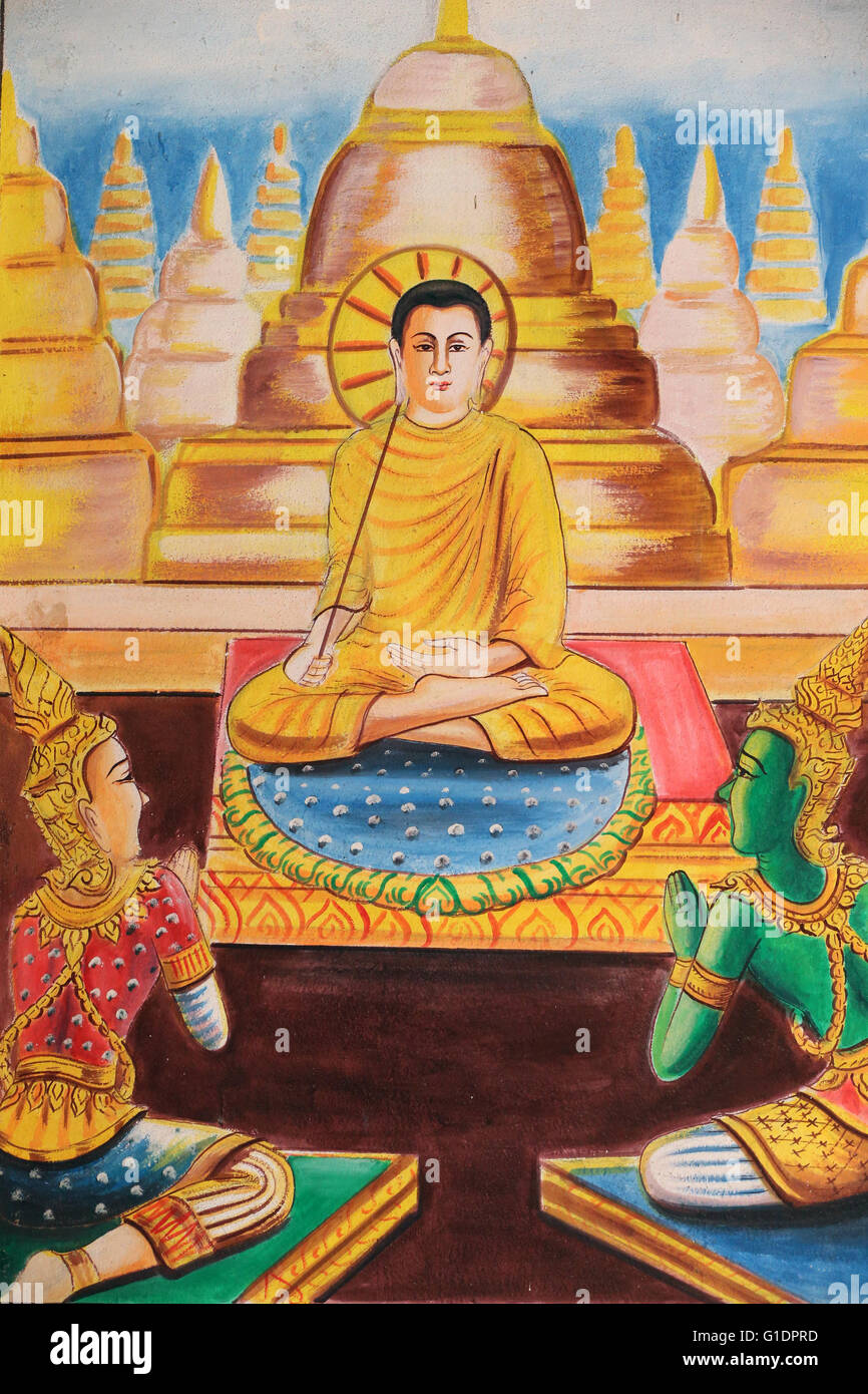 Peinture représentant l'histoire de la vie du Bouddha Shakyamuni. Le Bouddha s'est consacré à l'enseignement, attire des centaines de fidèles Banque D'Images