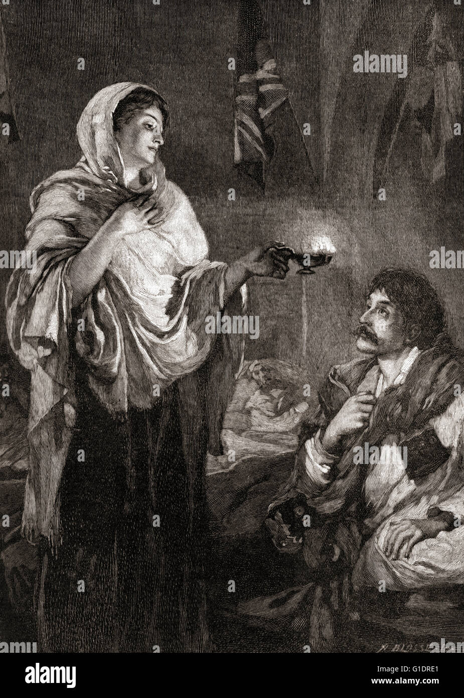 La dame à la lampe : Florence Nightingale à l'hôpital à la caserne de Scutari, en Turquie, au cours de la guerre de Crimée. Florence Nightingale, 1820 - 1910. Le réformateur social anglais et statisticien, et le fondateur des soins infirmiers modernes. Banque D'Images