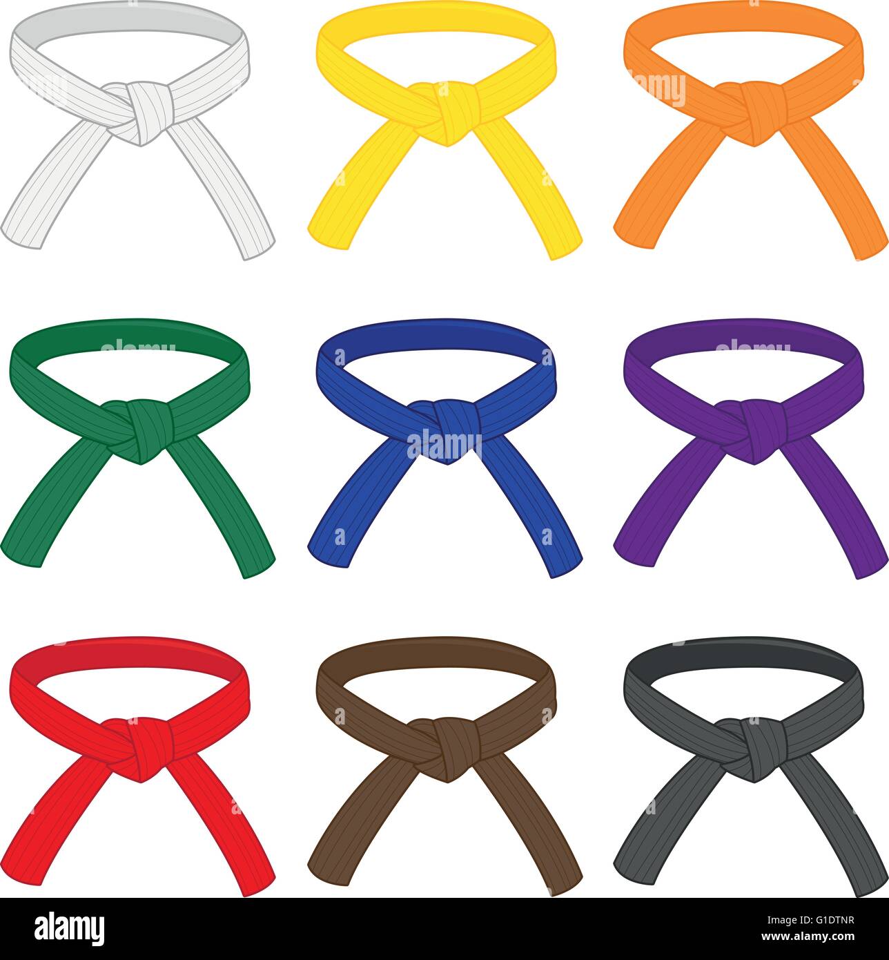 Les ceintures d'arts martiaux avec différentes couleurs de rang. Le karaté, le Taekwondo, le judo, le jiu-jitsu, kickboxing, ou ceintures de kung fu vector set Illustration de Vecteur