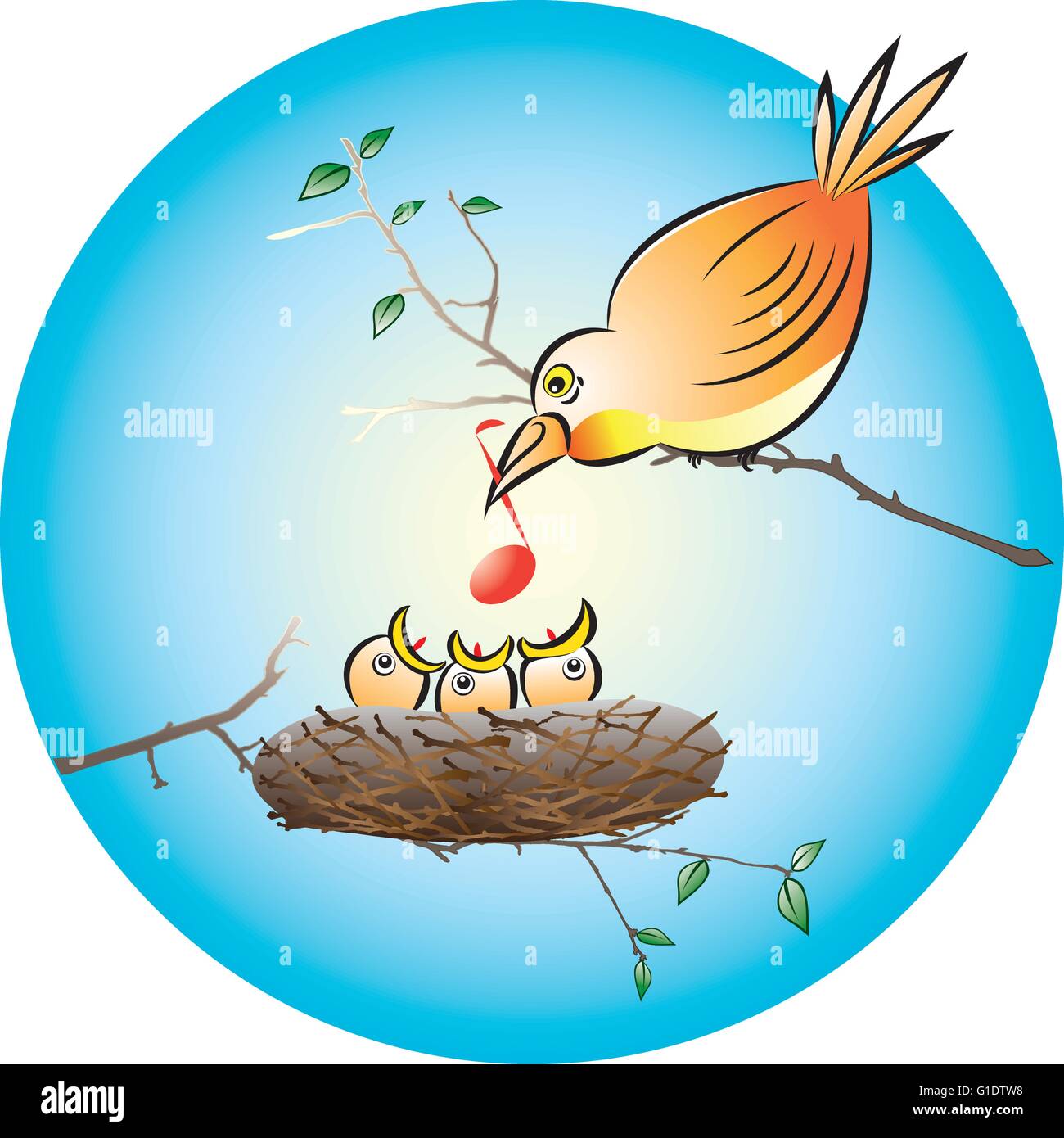 Vector illustration d'un oiseau la faim poussins avec une note de musique dans le nid Illustration de Vecteur