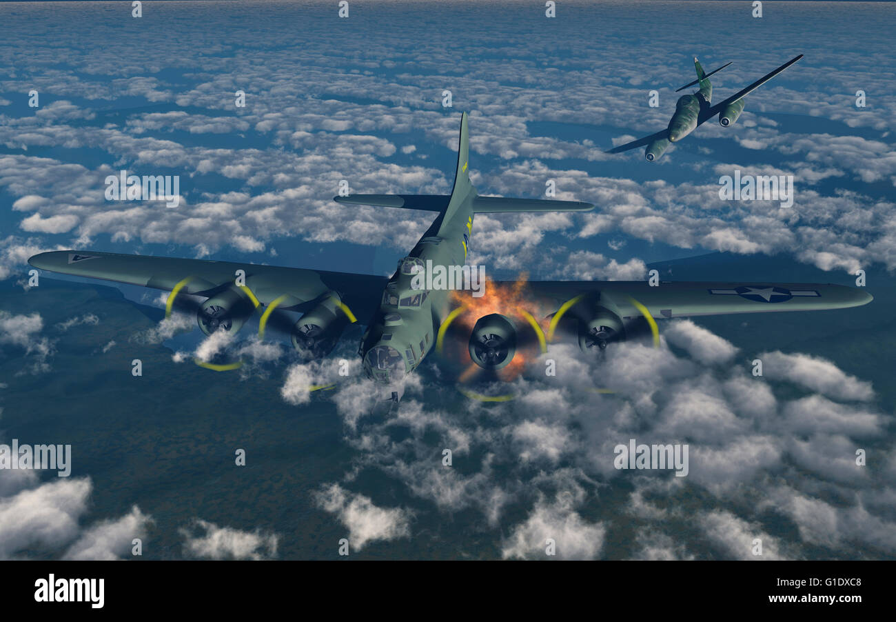 Bombardier B-17 américain attaqué par des chasseurs à réaction ME 262 allemand . Banque D'Images