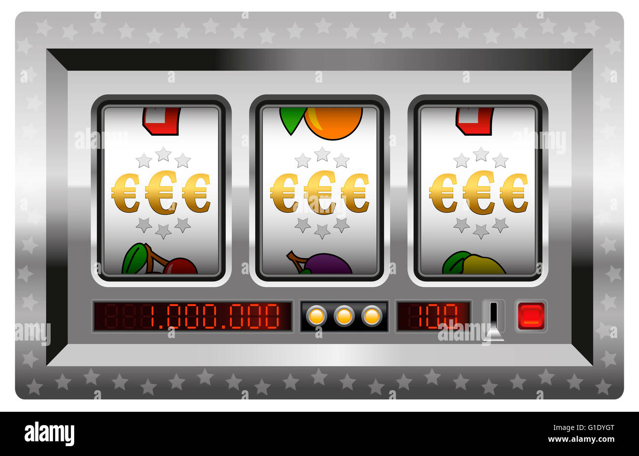 Symboles de l'euro avec de l'argent jackpot machine à sous. Illustration sur fond blanc. Banque D'Images