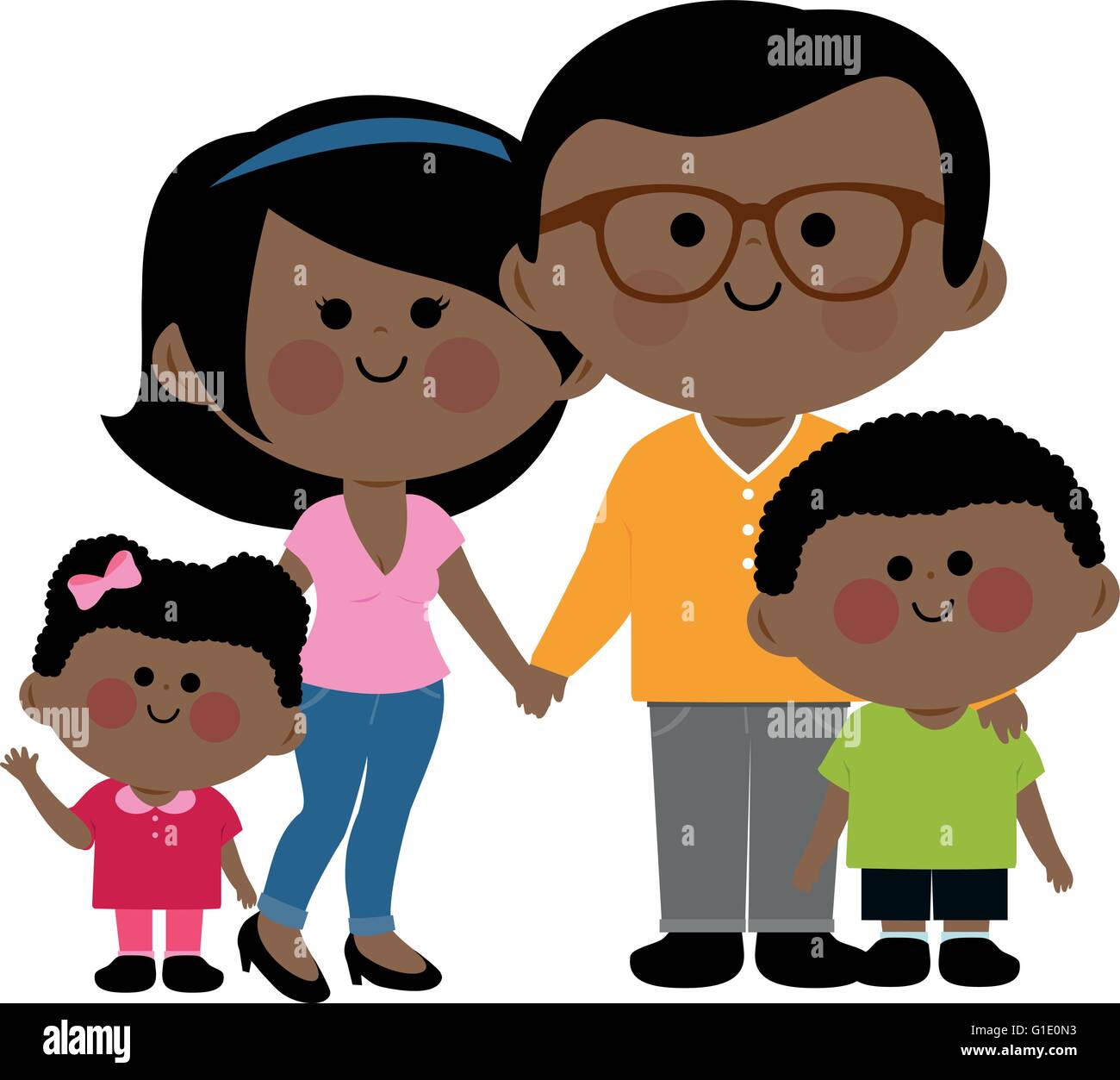 Heureuse famille afro-américaine noire. Deux parents et leurs enfants, garçon et fille. Illustration vectorielle. Illustration de Vecteur