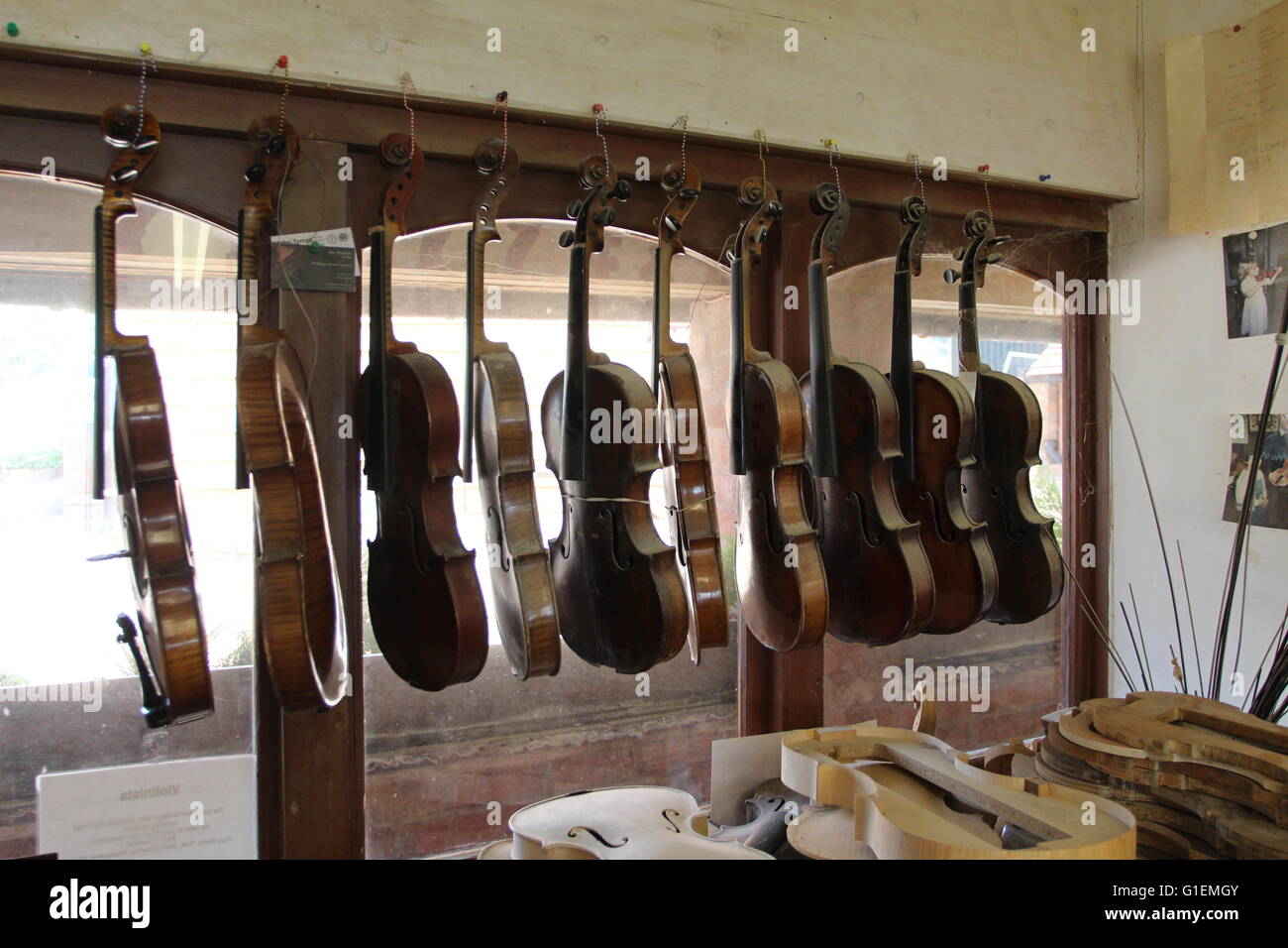 Atelier de violon, à l'jinney Ring Hanbury. Droitwich, Worcestershire. Violons fait main et Viola à différents stades. J'ai affaire Banque D'Images