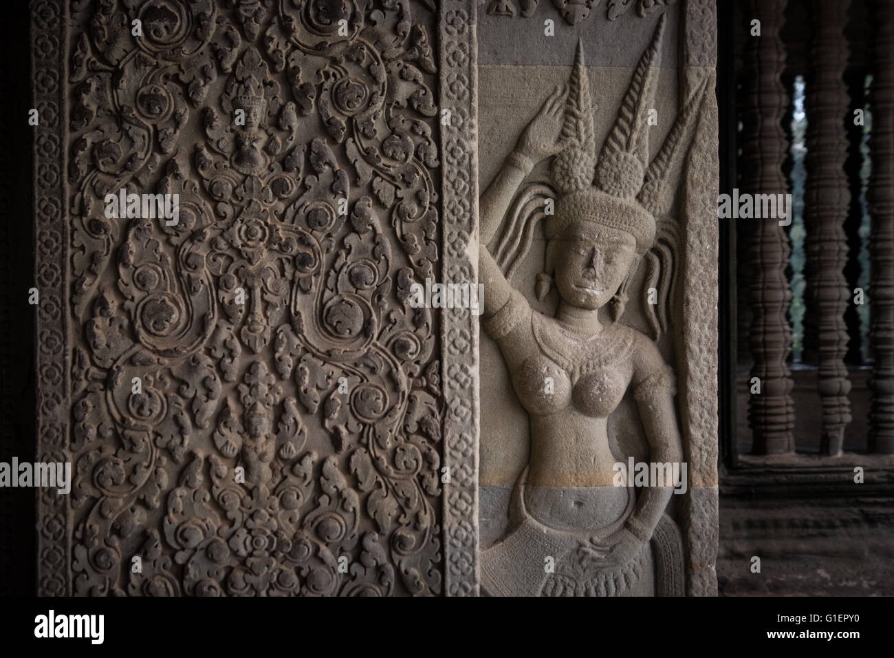 Les sculptures sur pierre à Angkor Wat, au Cambodge Banque D'Images