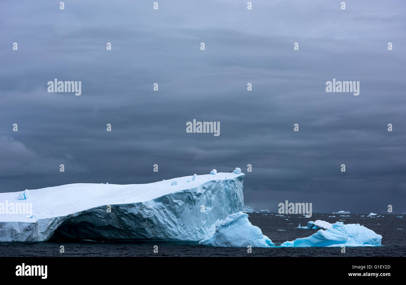 La glace flottante bleu et moody sky Point Portail Péninsule Antarctique Antarctique Banque D'Images
