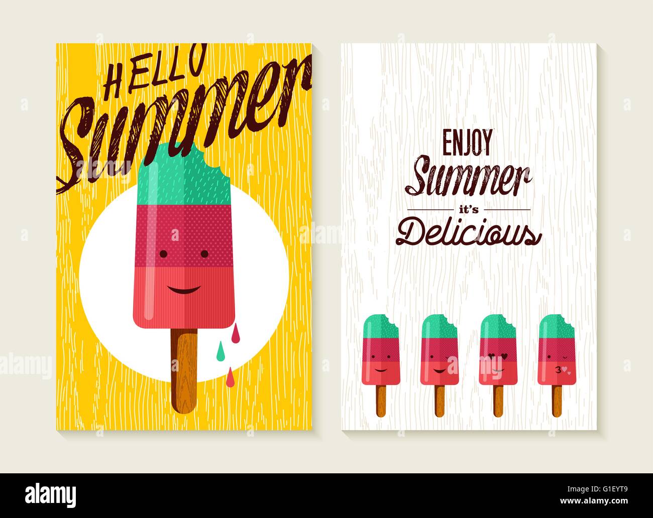 Hello summer lettrage concept jeu de carte de souhaits avec antécédents professionnels de la crème glacée. Cute emoji popsicle, beach party Illustration de Vecteur
