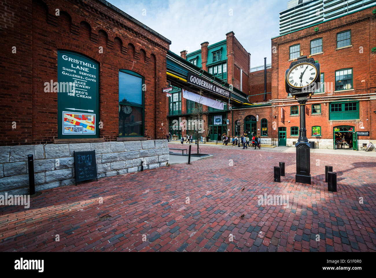 Les rues et les bâtiments en pierre dans le quartier historique de la distillerie, à Toronto, en Ontario. Banque D'Images