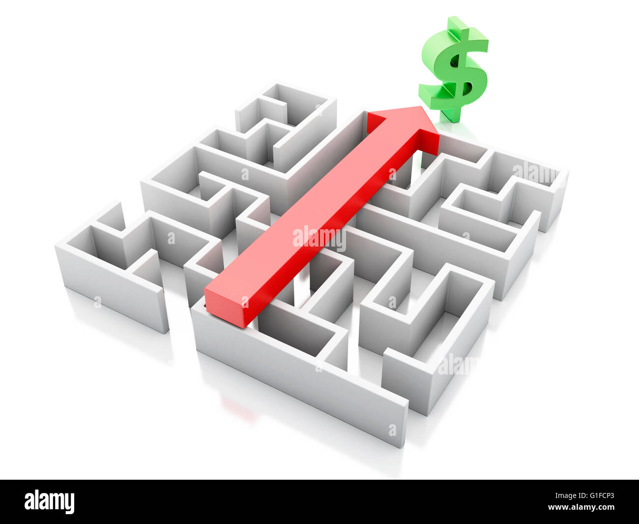 Moteur de rendu 3d image. Un labyrinthe et au-dessus, une flèche dirigée vers le signe du dollar. Succès d'affaires et de concept. Isolé sur fond blanc. Banque D'Images Moteur de rendu 3d image. Un labyrinthe et au-dessus, une flèche dirigée vers le signe du dollar. Succès d'affaires et de concept. Isolé sur fond blanc. Banque D'Images
