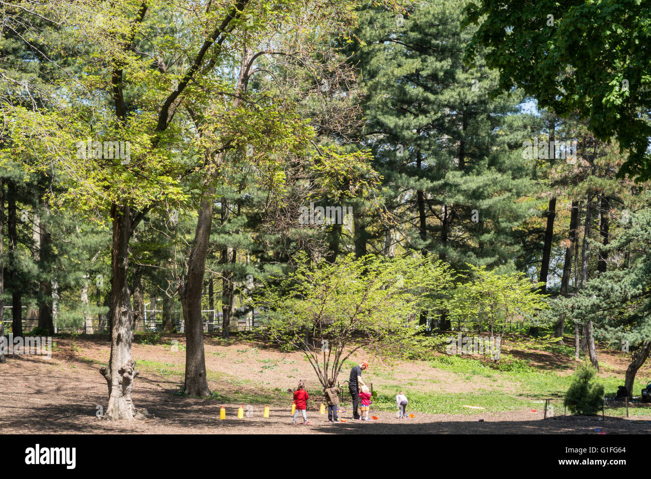 Enfants jouant dans le groupe sous surveillance, Central Park, NYC, USA Banque D'Images