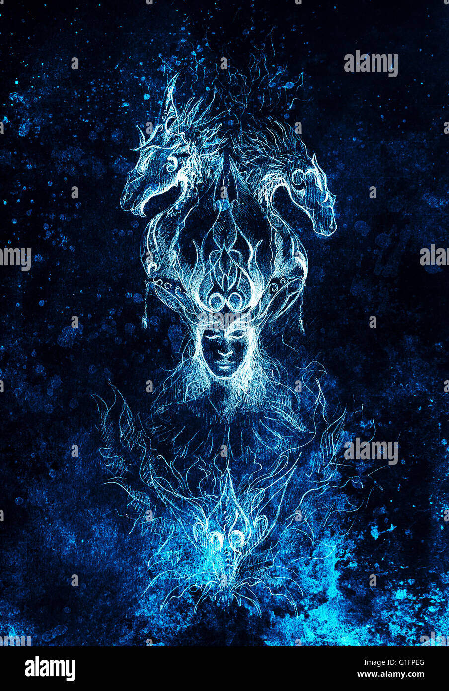 Homme De Feu Mystique Et Ornementales Des Dragons Des Croquis Au Crayon Sur Papier Bleu Vinter Effet Photo Stock Alamy