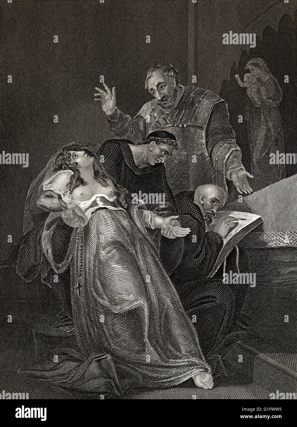 La femme de saint de Kent, Elizabeth Barton, souffrance interrogatoire dans les mains de 2 prêtres et un laïc Banque D'Images
