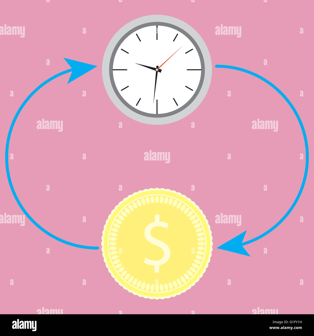 Le temps de cycle et de l'argent. Temps de travail et du concept d'entreprise et des finances, de l'horloge idée modèle de plan. Vector illustration design plat Banque D'Images