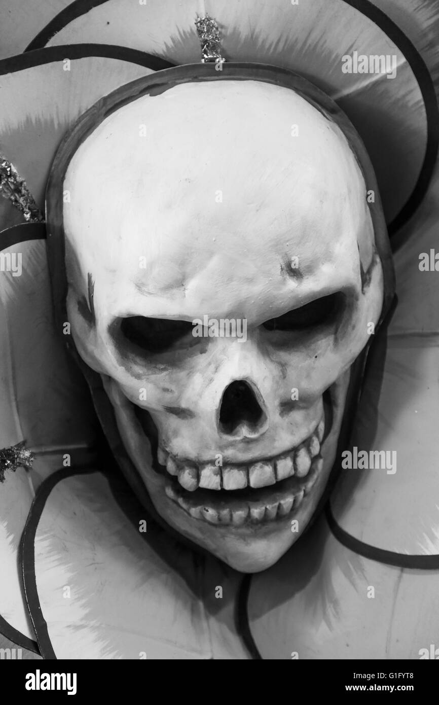 Image en noir et blanc d'un crâne apparaissant à partir d'un design Banque D'Images