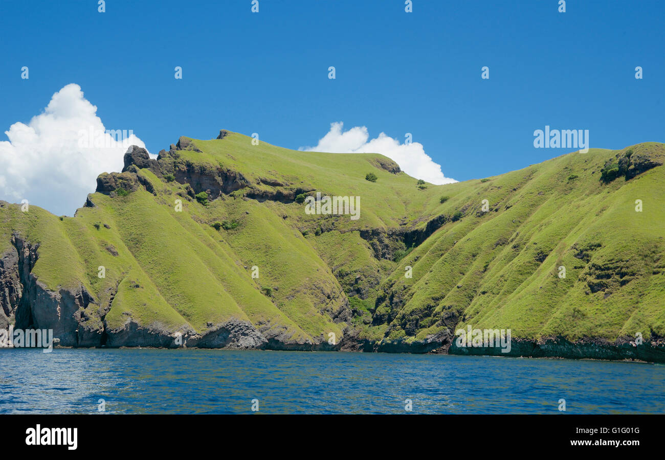 Relief couverte d'herbe Padar Island le Parc National de Komodo en Indonésie Banque D'Images