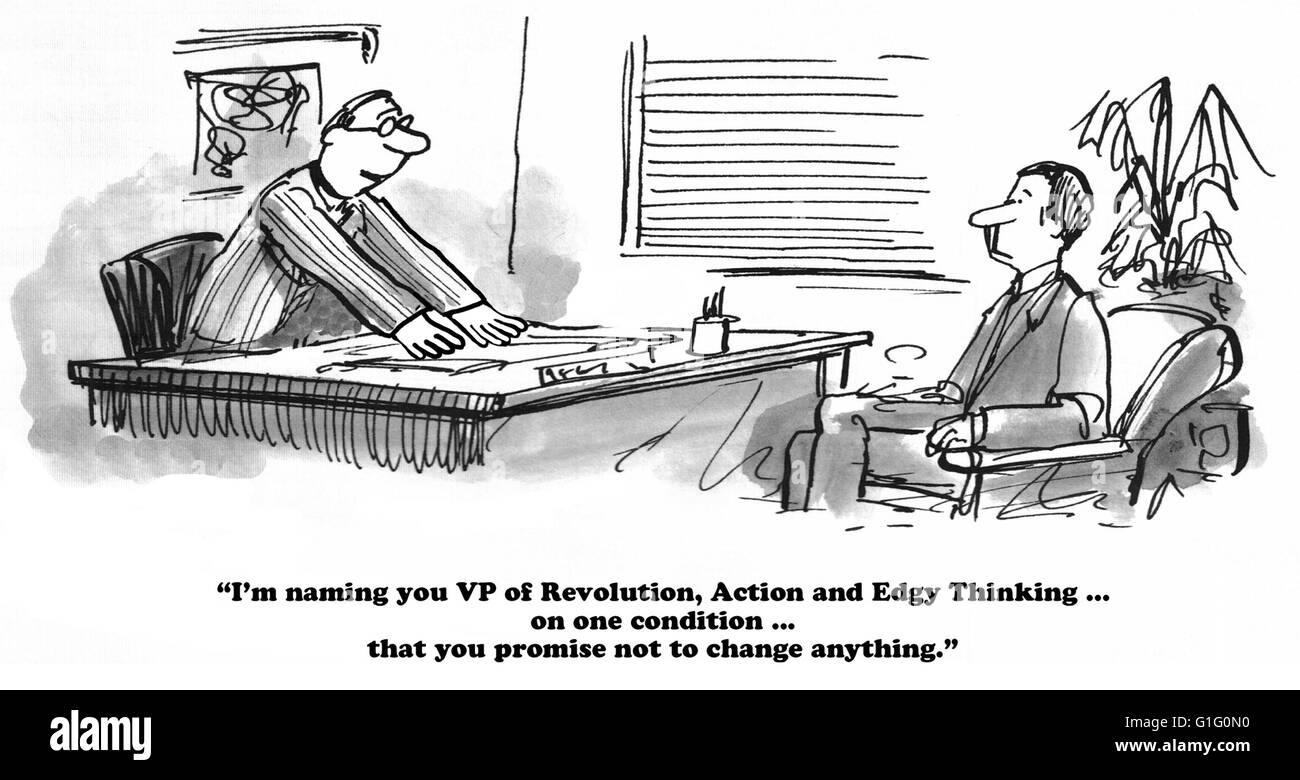 Caricature d'affaires à propos de refuser de changer. Banque D'Images