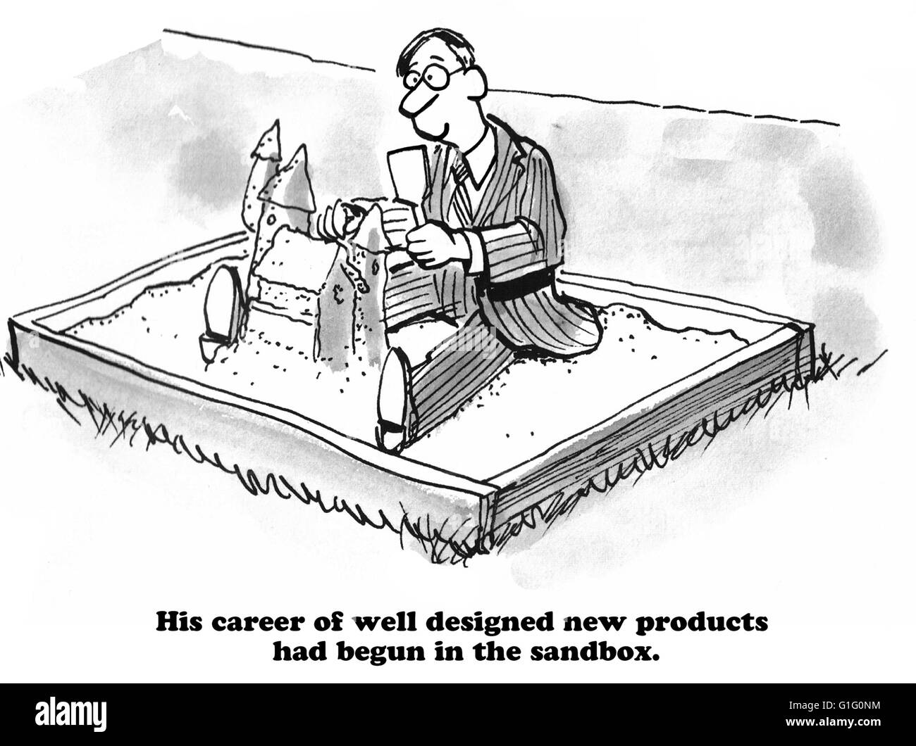 Caricature d'affaires à propos de la conception de produits et l'innovation. Banque D'Images