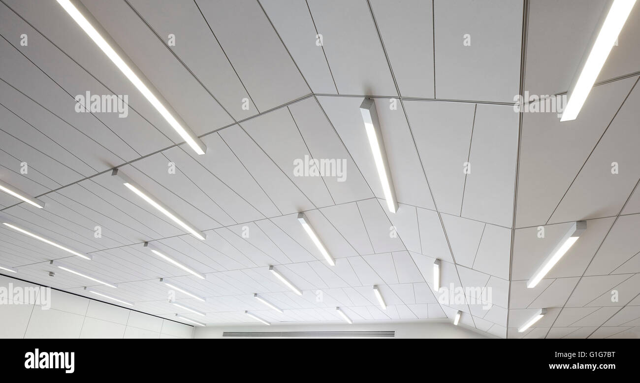 Plafond en pente avec des tubes d'éclairage lumineux. Le graphène Institute, University of Manchester, Manchester, Royaume-Uni. Architecte : Jestico  + Whiles, 2015. Banque D'Images