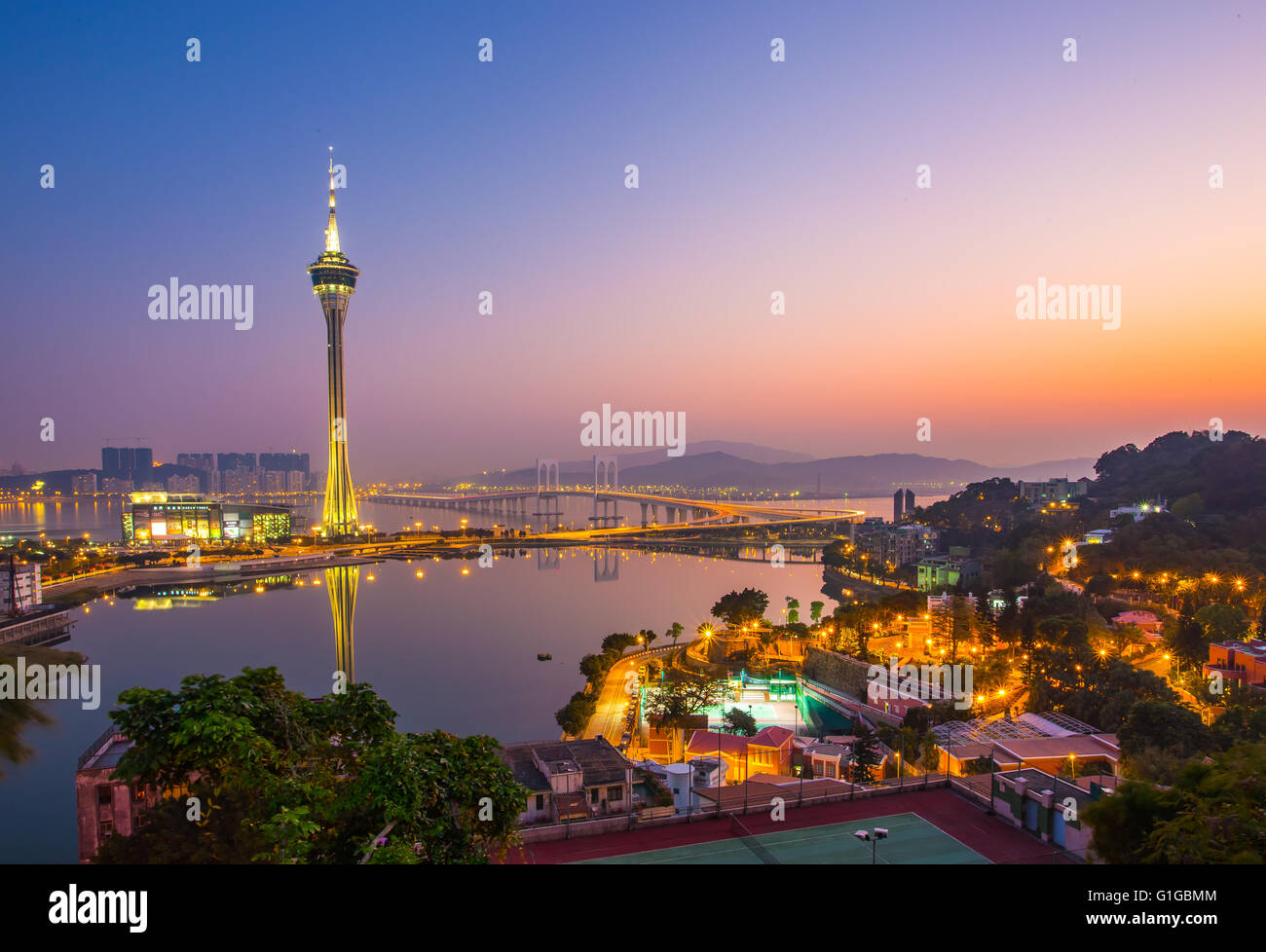 Vue du coucher de soleil sur la ville de Macao. Banque D'Images