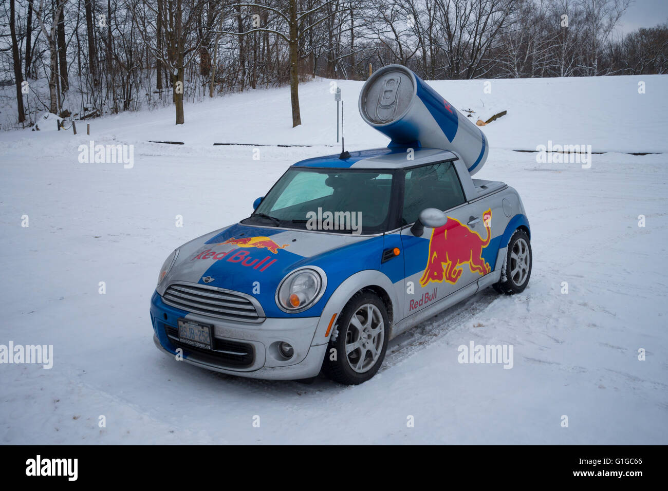 Une Red Bull Mini voiture garée dans un parking couvert de neige dans la région de Hamilton, Ontario, Canada. Banque D'Images