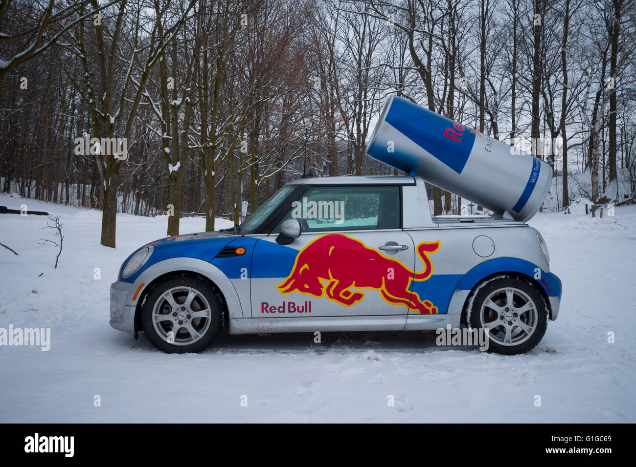 Une Red Bull Mini voiture garée dans un parking couvert de neige dans la région de Hamilton, Ontario, Canada. Banque D'Images