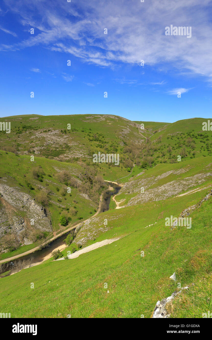 Dovedale et la rivière Dove de Cloud, parc national de Peak District, Derbyshire, Staffordshire, Angleterre, Royaume-Uni. Banque D'Images