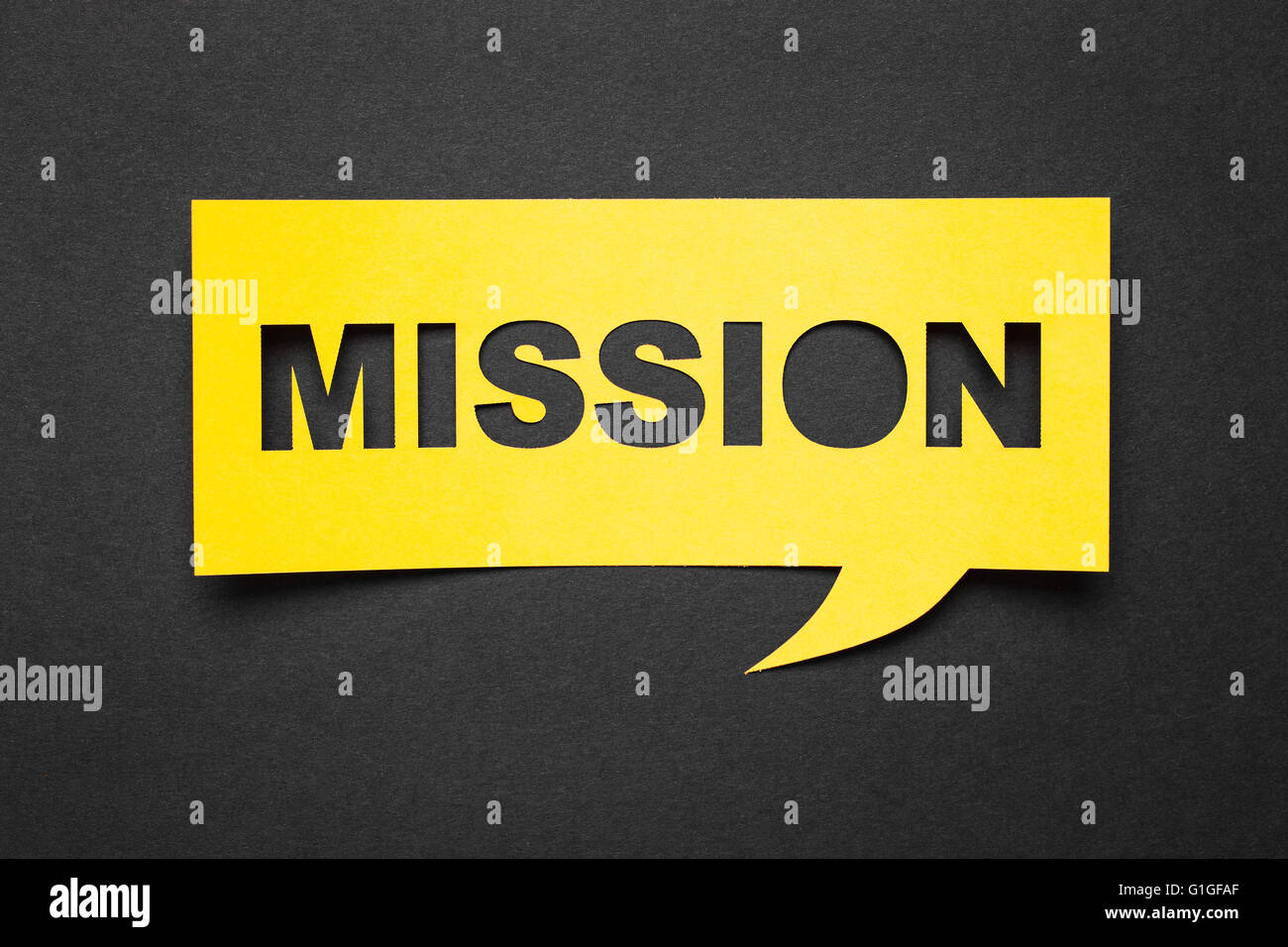 Discours de la bulle avec de l'expression "mission" dans le document. Banque D'Images