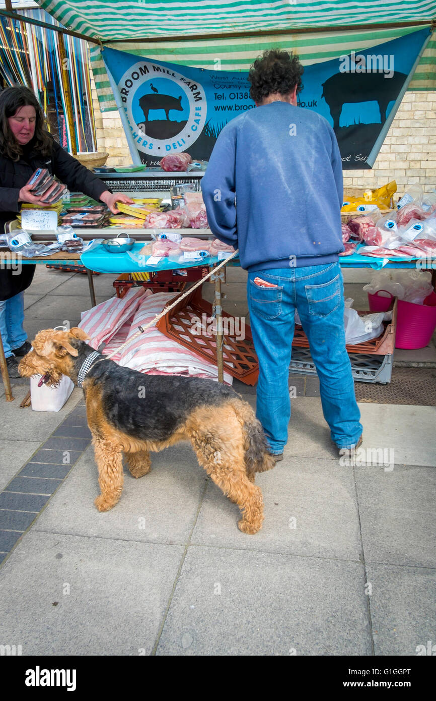 Un homme avec un Airedale terrier l'achat d'un décrochage saucisses à Saltburn Farmers Market Banque D'Images