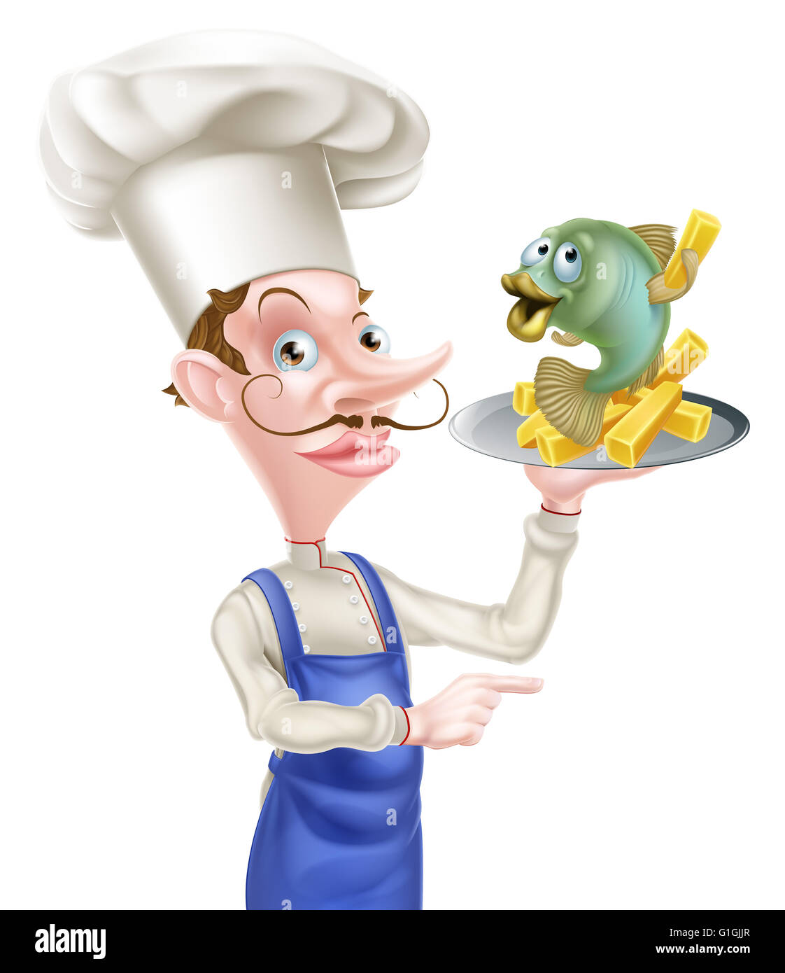Un dessin de fruits de mer chef holding un plat ou une plaque avec du poisson et des frites sur elle et de pointage Banque D'Images