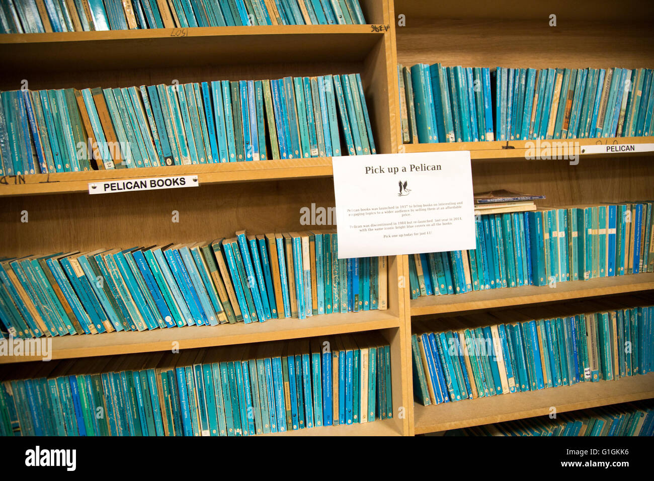 Pelican bleu secondhand books sur étagères dans Bookbarn énorme boutique internationale, Hallatrow, près de Bristol, Angleterre, Royaume-Uni Banque D'Images