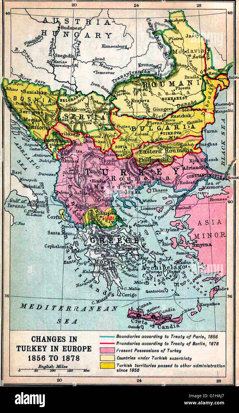 La carte des frontières de la péninsule balkanique après le Traité de Berlin - 1878 Banque D'Images
