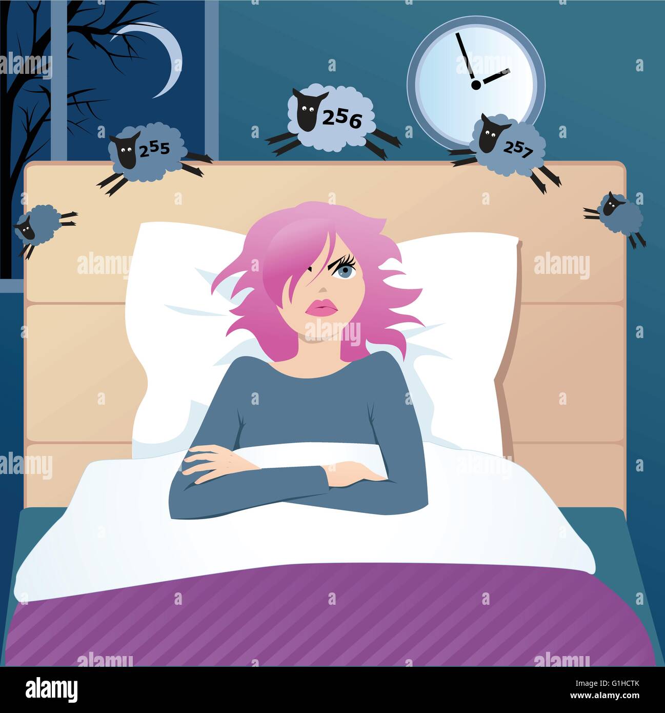 Cute funny cartoon girl avec insomnie couché dans un lit la nuit, compter les moutons, en essayant de s'endormir Illustration de Vecteur