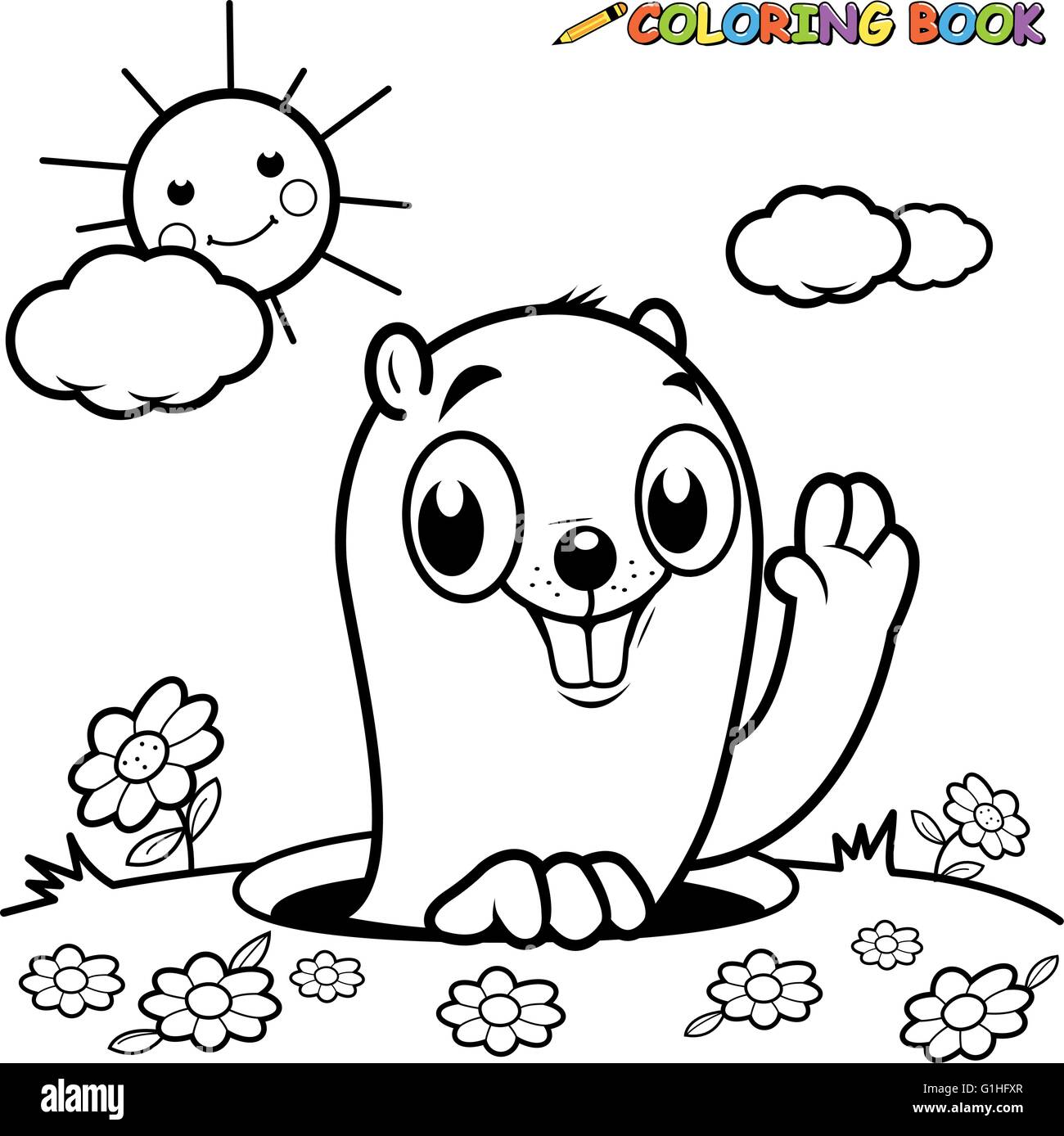 Contour noir et blanc de l'image d'une marmotte, c'est de trou. Illustration de Vecteur