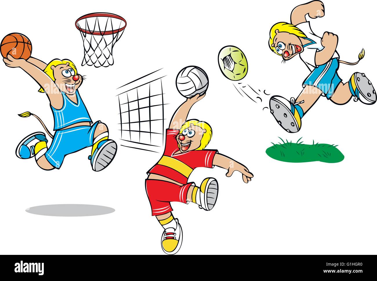 Vector illustration de lion playing football basket-ball volley-ball Illustration de Vecteur