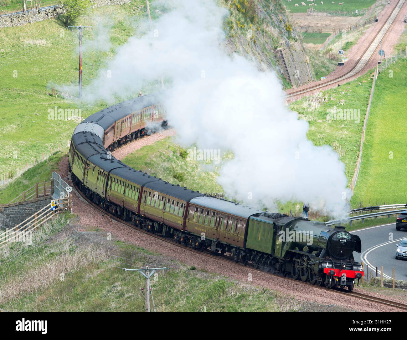 The Flying Scotsman, passe sur la route de Galabank à Tweedbank Waverley, Galashiels, 15 mai 2016. Banque D'Images