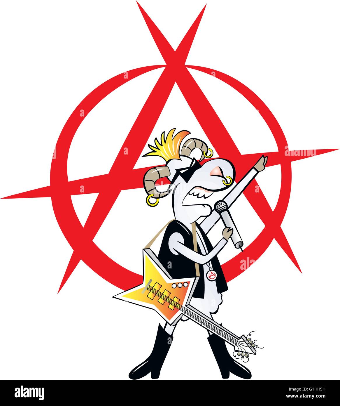 Vector illustration d'un jeu de caractères ram punk rock guitare électrique et le chant en avant du fond signe anarchie Illustration de Vecteur