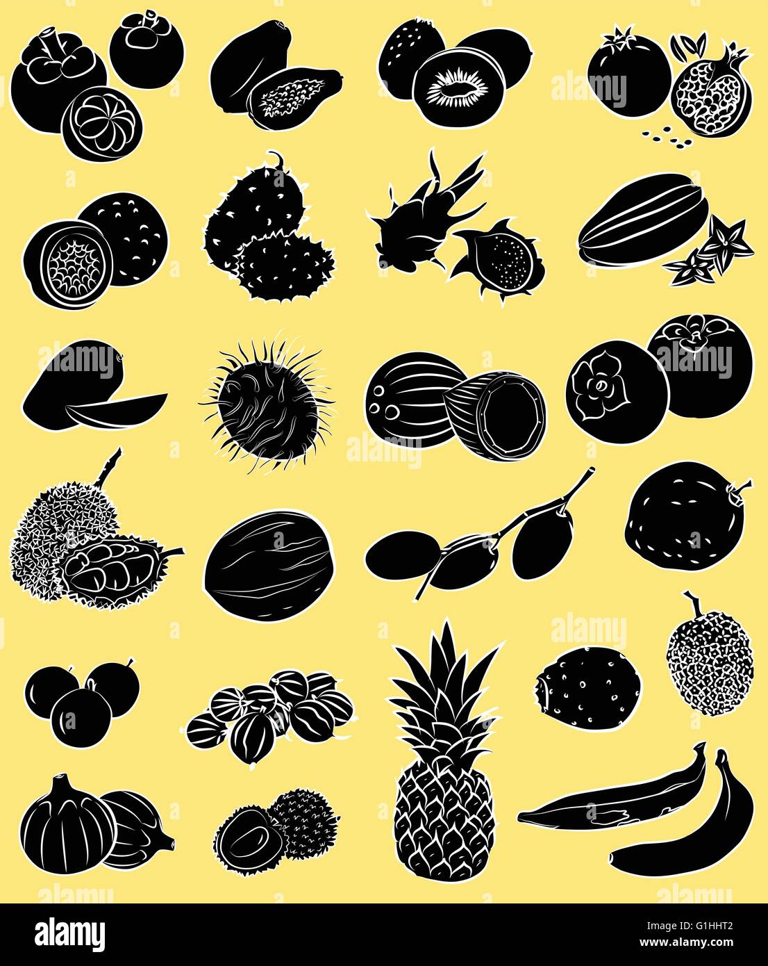 Vector illustration de fruits tropicaux en mode silhouette sur fond jaune Illustration de Vecteur