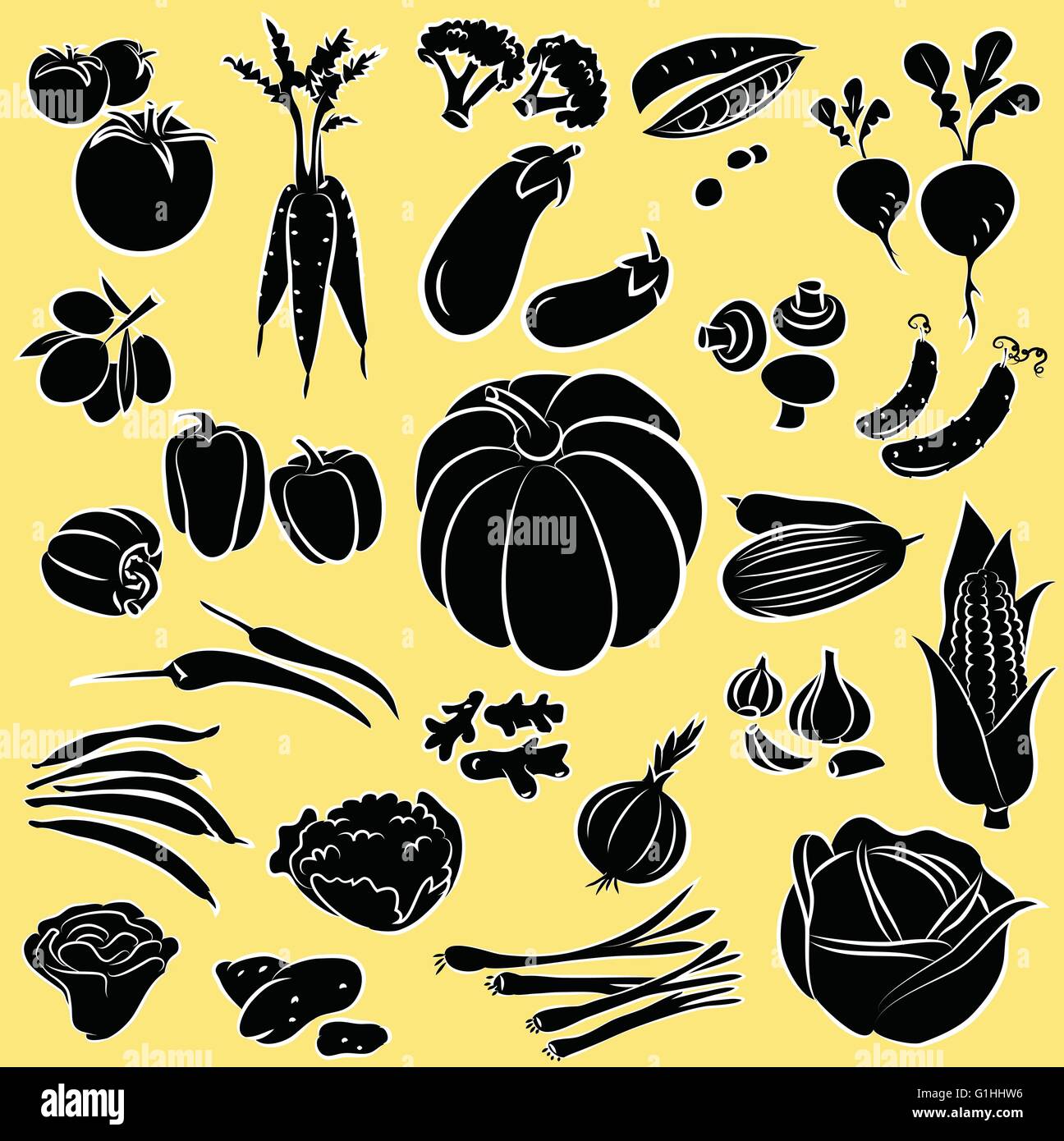 Illustration vecteur de légumes dans la collection mode silhouette sur fond jaune Illustration de Vecteur