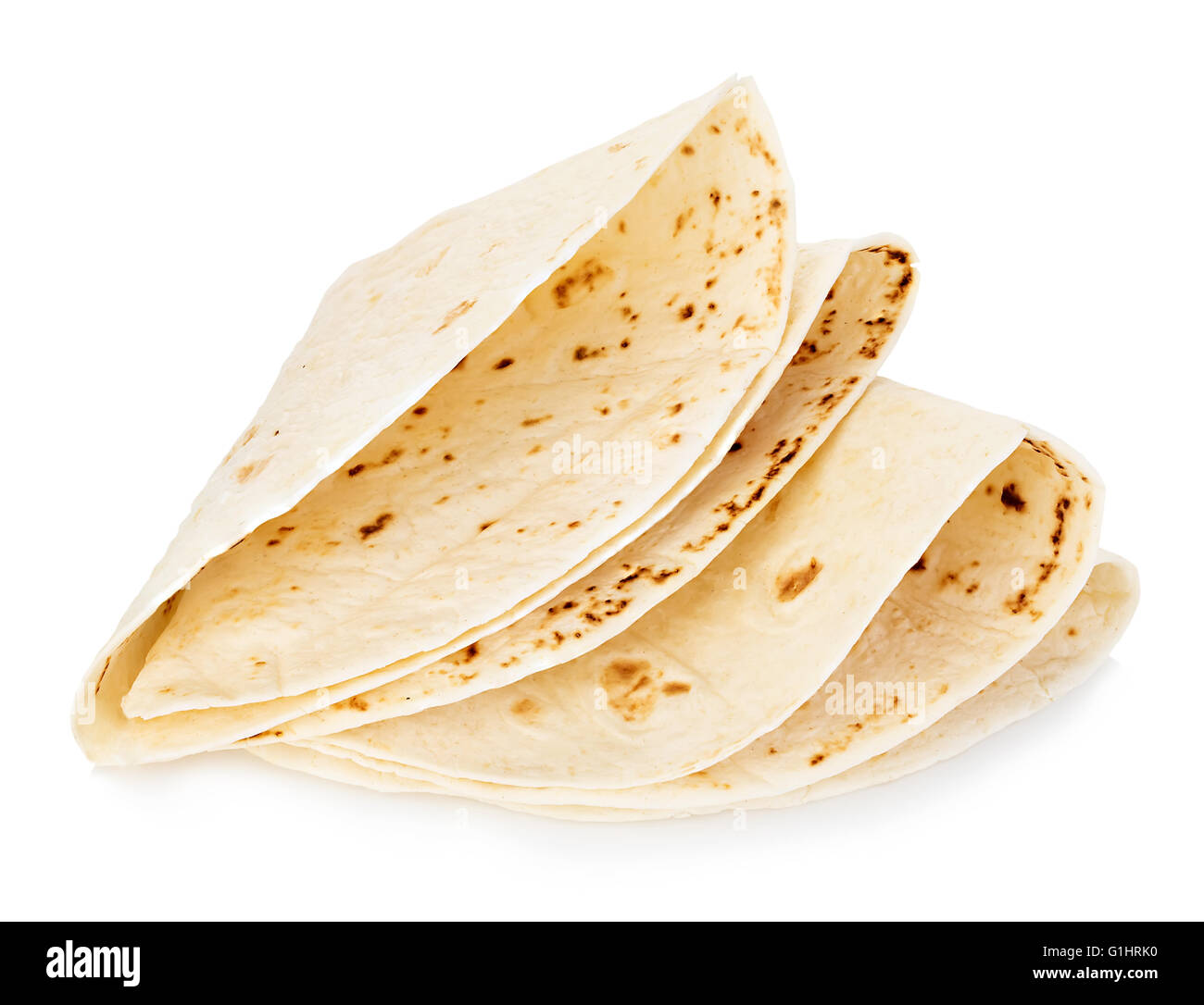 Tortillas de blé round close-up isolé sur un fond blanc. Lavash. Banque D'Images