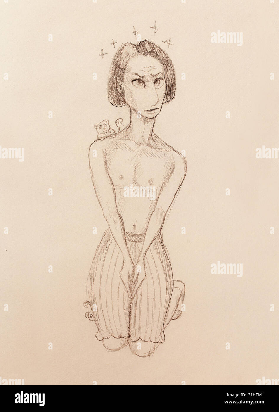 Dimensions de l'homme et le singe, crayon sur papier. Banque D'Images