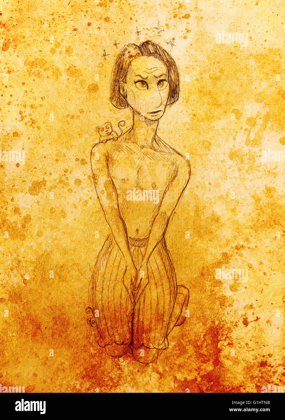 Dimensions de l'homme et le singe, crayon sur papier, effet de couleur. Banque D'Images