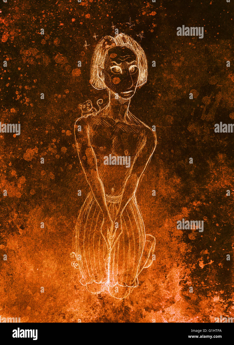 Dimensions de l'homme et le singe, crayon sur papier, effet de couleur. Banque D'Images