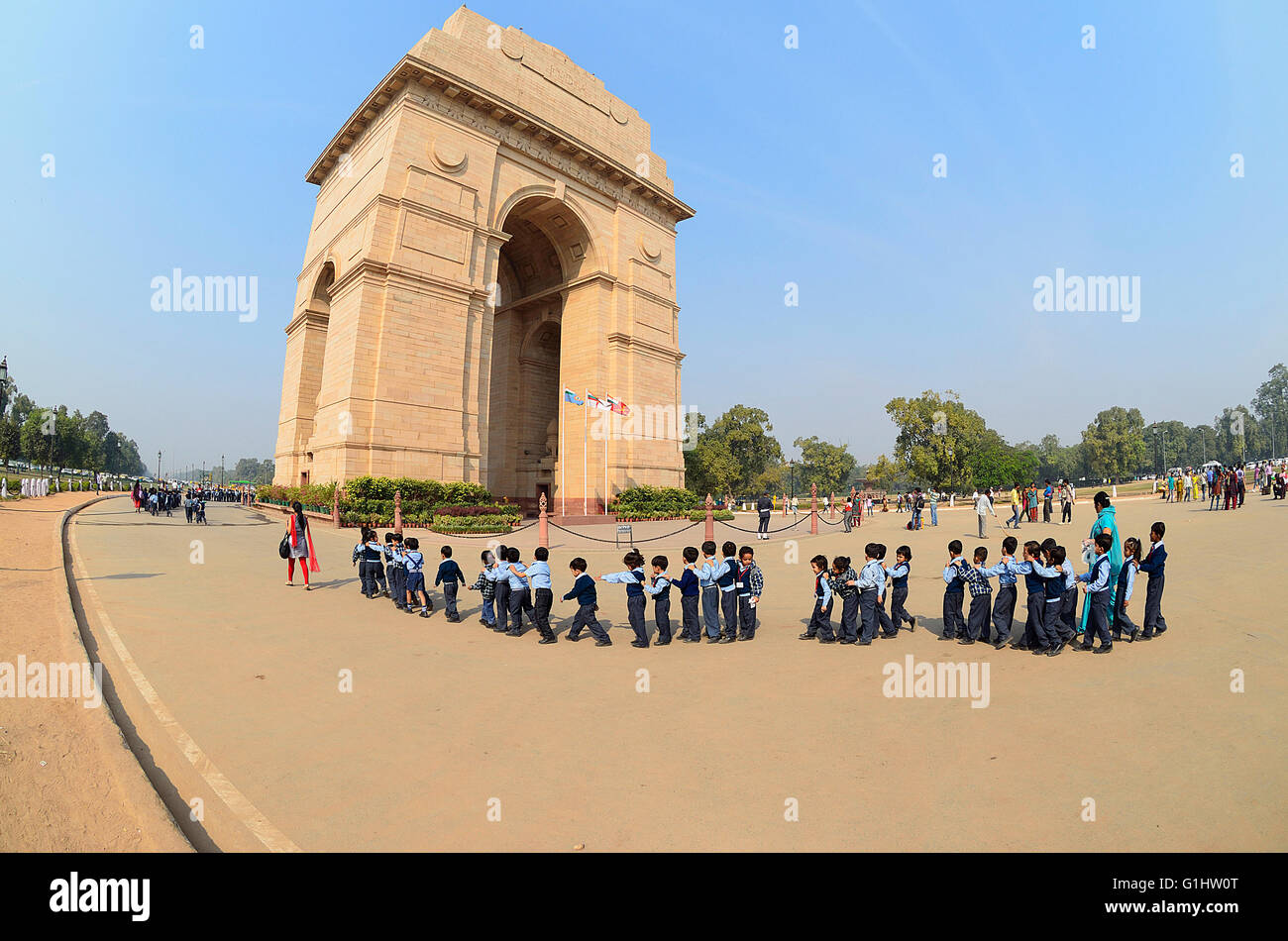 Les écoliers en excursion visite à la porte de l'Inde, New Delhi, Inde Banque D'Images