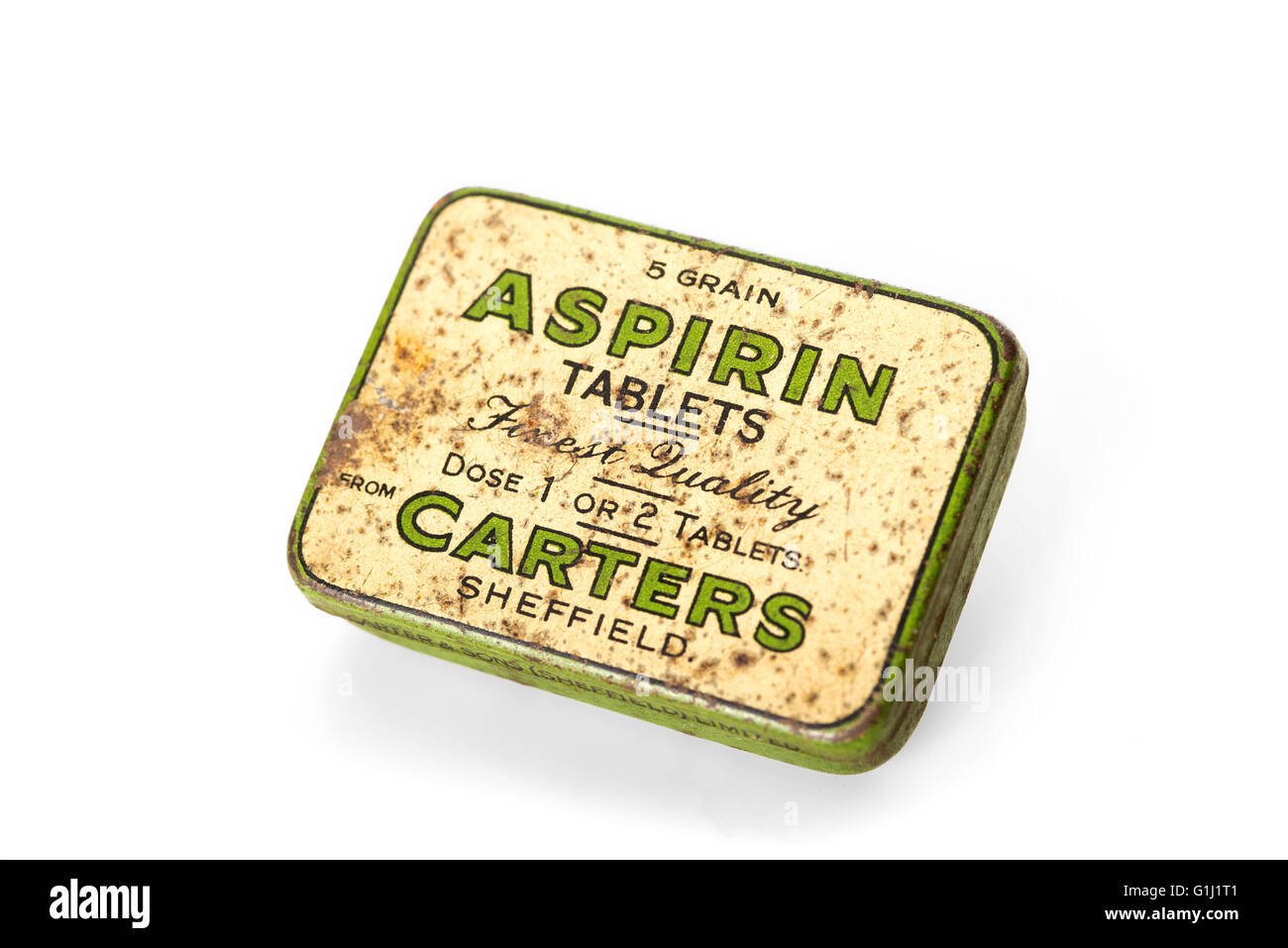 Vintage tin aspirine, isolated on white Banque D'Images