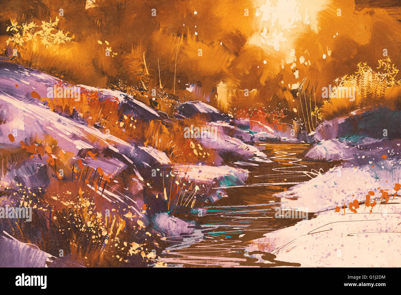 Les lignes de la rivière avec des pierres dans la forêt d'automne,illustration peinture Banque D'Images