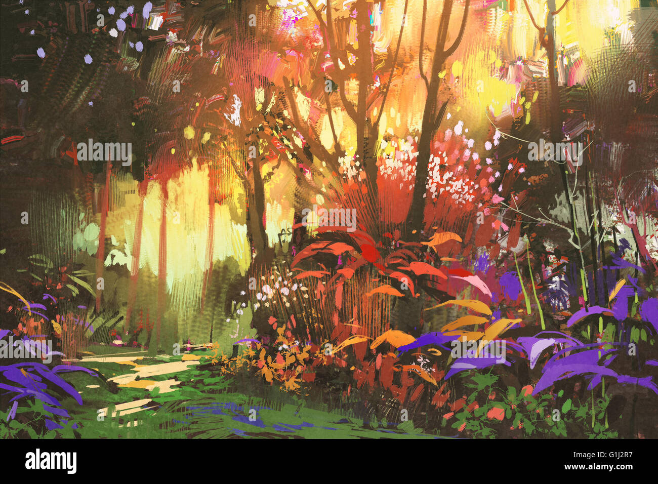 La peinture de paysage de forêt magnifique avec la lumière du soleil,illustration Banque D'Images